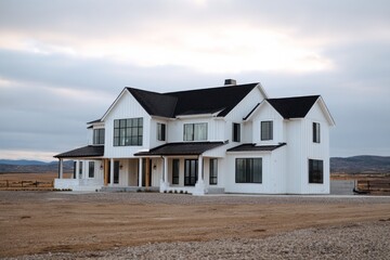 A spacious, modern farmhouse with a crisp white exterior and dark black accents stands proudly on a gently sloping lot, showcasing a minimalist design and an open concept.