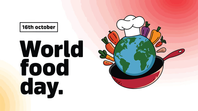 Vector art of world food day celebrated on october 16th with a globe in a frying pan surrounded by vegetables and a chefs hat
