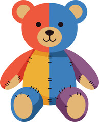 Colorful patchwork teddy bear vector illustration with stitched design, vibrant fabric texture, playful toy art for children and nursery themes