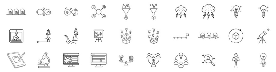 Creative Idea Generation & Product Innovation Roadmap Icon Set – Thin Line, High-Detail, Minimal Outline SVG Icons for Startup, Design Thinking, Agile Development.