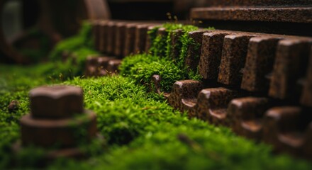 Rusted gear with moss growing on it