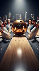 Financial concept illustrated by bowling with bitcoin ball and pins