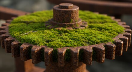 Rusted gear with moss growing on it