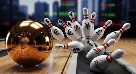 Bitcoin bowling ball aiming at currency pins in illuminated alley