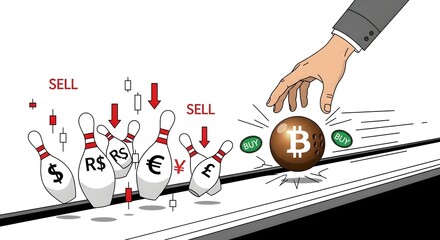 Bitcoin bowling ball on lane with financial pins and market indicators