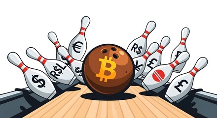 Bowling alley featuring bitcoin ball and falling market currency pins