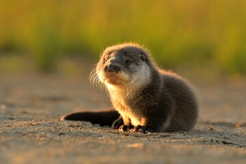 Eurasian otter Lutra lutra cute darling young brown meadow animal in nature, draw near village, runs fast, cubs beautiful Europe