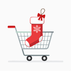 Festive shopping: Christmas stocking in a cart, celebrating holiday season with gifts and purchases