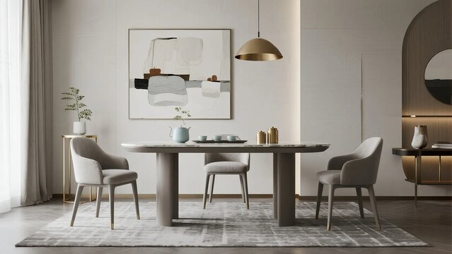Modern minimalist dining room with round table, neutral tones, and abstract artwork