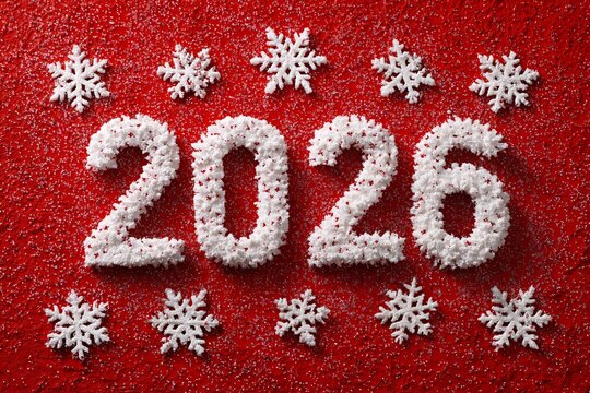 White snowflakes and the year 2026 formed on a bright red background create a festive and joyful mood for New Year celebrations, emphasizing holiday cheer - Powered by Adobe