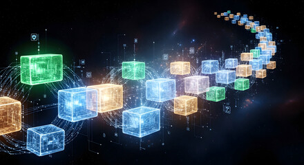 Dynamic network of glowing digital cubes forming abstract data flow, representing futuristic technology and global connectivity in a digital universe.