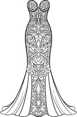 Ornate Strapless Evening Gown Vector with Sweetheart Neckline and Swirling Geometric Patterns for Fashion, Bridal, Costume, and Design Projects