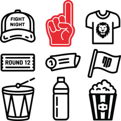 MMA Fan Gear Vector Icons Cap, Foam Finger, Team Shirt, Ticket, Drum, Water Bottle, Snack, and Flag Outline Collection