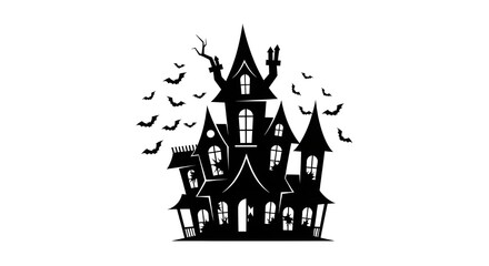 Mysterious Haunted House Silhouette with Flying Bats  Spooky Gothic Halloween Illustration for Horror and Night-Themed Designs