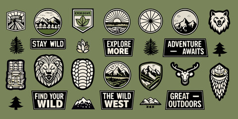 Collection of outdoor adventure themed patches and badges with nature motifs and motivational phrases