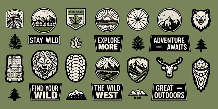 Collection of outdoor adventure themed patches and badges with nature motifs and motivational phrases