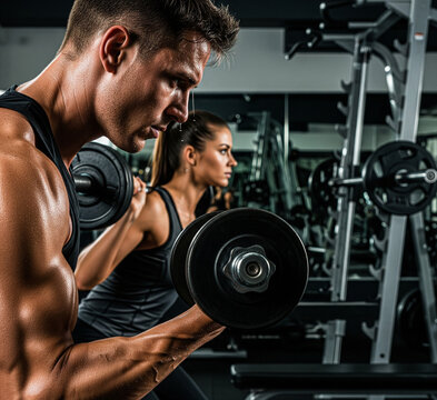 Entra&icirc;nement de musculation en duo : couple soulevant des poids &agrave; la salle de sport