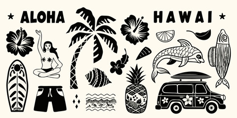 Hawaiian aloha tropical paradise collection with surfing and beach elements