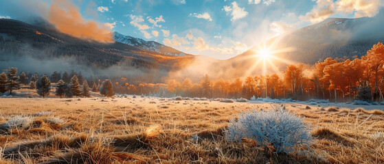 Golden hour paints a serene winter landscape, misty mountains and frosted meadow