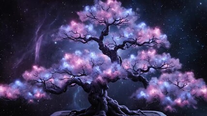 Enchanting ethereal tree branches bloom with vibrant cosmic dust and shimmering nebulae in a surreal fantasy landscape - Powered by Adobe