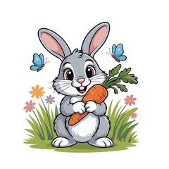 Obraz premium Cute cartoon bunny holding a carrot isolated on white background