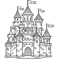 Fototapeta premium Majestic Castle Sketch: A regal castle illustration, with towering turrets, ornate flags, and a grand entrance gate, rendered in intricate detail, ready for coloring and creative projects.