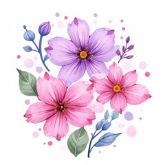 水彩画の淡いピンクと紫の花の装飾的アレンジメント