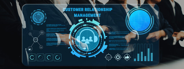 Obraz premium Innovative Technology Interface for Customer Relationship Management with Data Visualization and Team Collaboration Elements in a Professional Setting Trope.