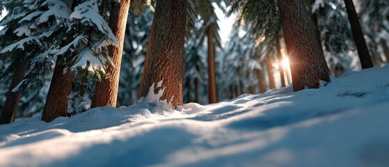 snow-covered forest with sunlight filtering through trees