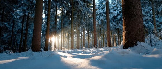 snow-covered forest with sunlight filtering through trees