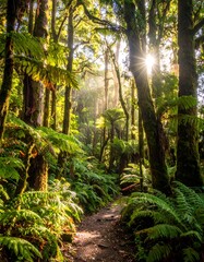 Sunlight path through lush forest