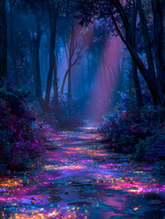Obraz premium Enchanting forest scene with glowing, colorful waters reflecting mystical light in a dreamy twilight ambiance