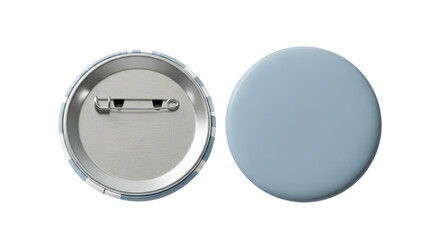 Two oval shaped blank pin badges one showing the metal backing with pin and the other the blank fabric front isolated on white background