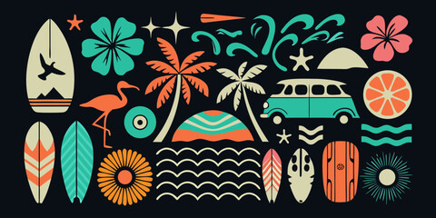 Retro summer vacation collection with surfboards palm trees flamingo and camper van © Juel