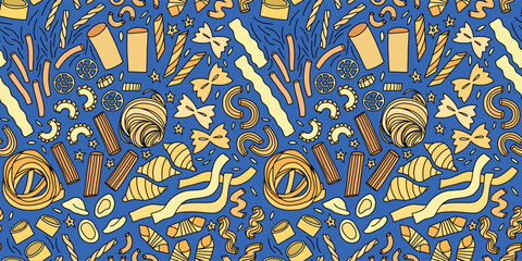 Italian food design with assorted pasta types, colorful hand-drawn vector seamless illustration