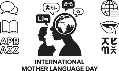 International Mother Language Day with human heads and diverse language symbols