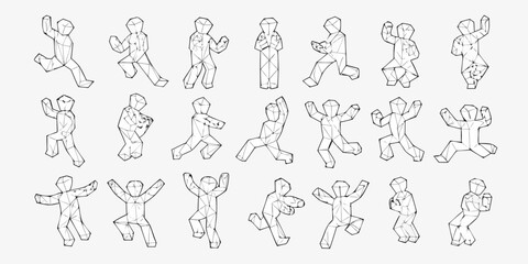 Set of abstract geometric figures in various dynamic poses and actions with a minimalist line art style