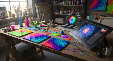 Artist's vibrant studio bursts with creative energy, digital tools and colorful fluid art projects on a paint-splattered workbench.