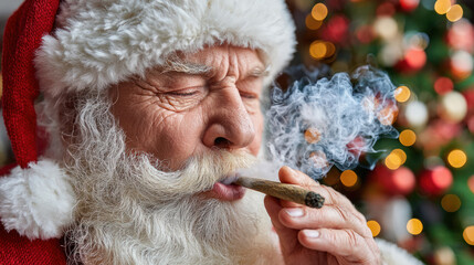 Santa Claus smoking marijuana reefer, looking like a drug addict