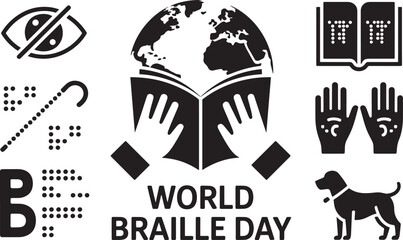 World Braille Day icon set, line and glyph icons