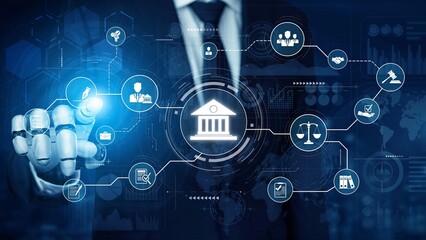 Futuristic digital law interface displaying justice scale, highlighting digital law, AI compliance,...