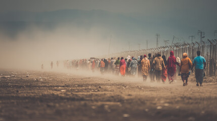 Poor refugees procession along barbed wired fence