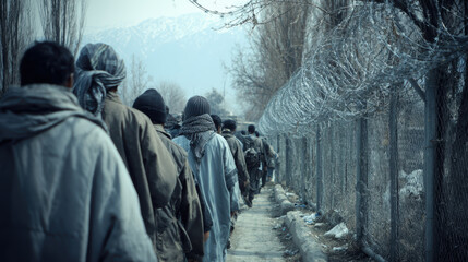Poor refugees procession along barbed wired fence