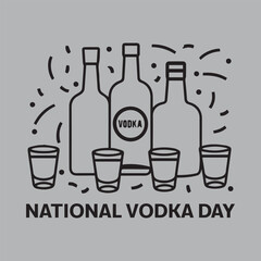 Celebrate National Vodka Day with festive vodka bottles, shot glasses, and party elements in a vibrant solid color vector illustration, perfect for posters and t-shirts