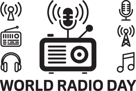 World Radio Day illustration: microphone, radio receiver, antenna, headphones, musical note icons