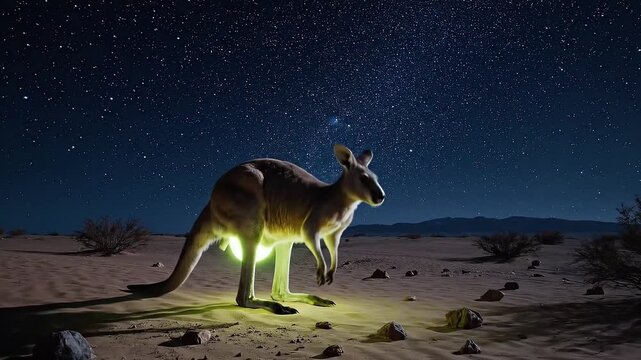 Mystical kangaroo leaps across desert under a vast starry night sky, glowing with ethereal light