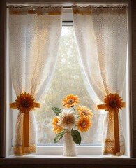 A window adorned with crocheted sunflowers and sheer white curtains, creating a warm and inviting atmosphere.