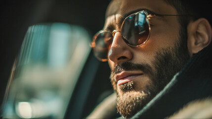 Stylish man with a beard wearing trendy orange-tinted glasses gazes thoughtfully while sitting in a car on a sunny day with warm ambient light reflections