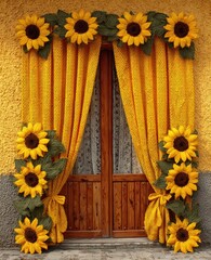 Handmade sunflower decorations adorn a warm yellow crocheted curtain covering a wooden doorway.