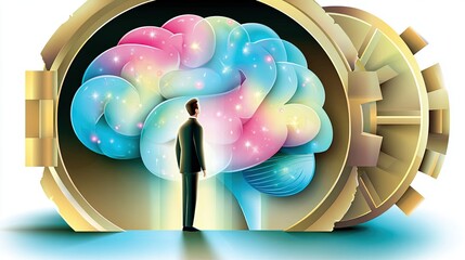 Creative abstract journey - Unlocking the Potential of the Mind - Surreal Brain Vault Concept illustration for personal growth, creativity and inner balance